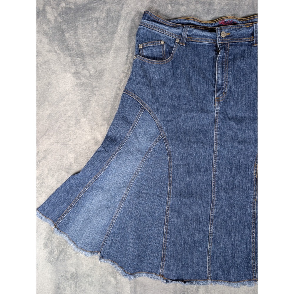 Goddess Jeans Size 18 Denim Midi Skirt Blue Frayed Hem Y2K Paneled Mermaid VTG - Picture 9 of 13